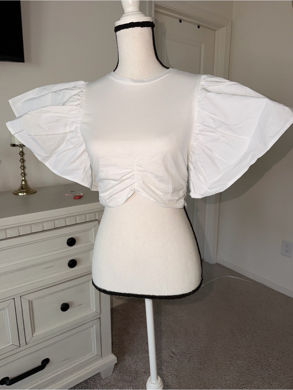 Zara White Puff-Sleeve Ruched Crop Top